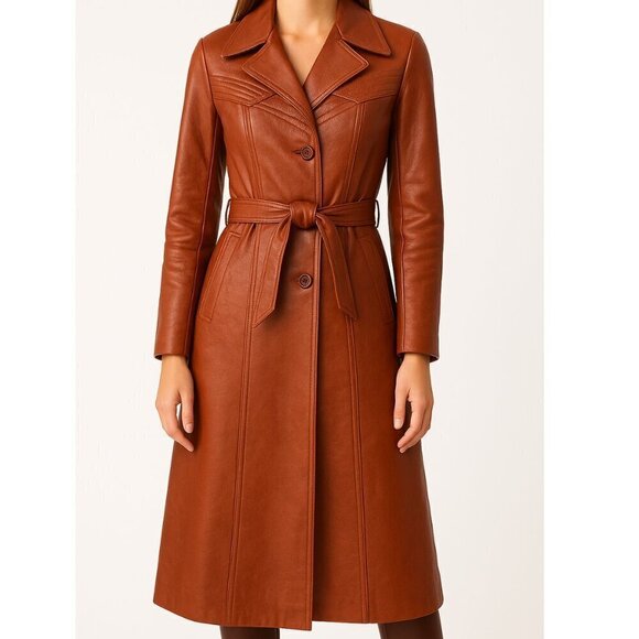 VINTAGE GENUINE COGNAC LEATHER 70s STYLE LONG BELTED TRENCH SZ 4 - Picture 1 of 14